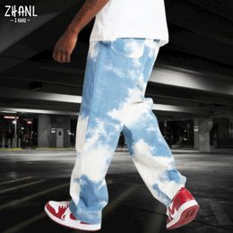 Mens Jeans Drop Men Casual Loose Straight Denim Pants Tie Dye Print Sky Blue Long Trouser 230829