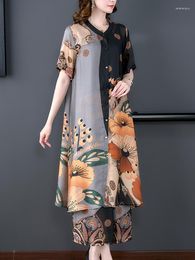 Women's Two Piece Pants Women Korean Vintage Elegant Luxury Sets 2023 Summer Print Silk Short Sleeve Loose Top Coats Wide Leg