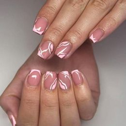 False Nails 24Pcs Short Ballerina Fake French Pink Red Curve Tips With Jelly Stickers Artificial Full Cover Press On