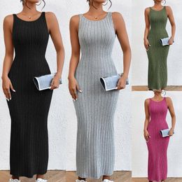 Casual Dresses Women Maxi Dress Crew Neck Knitted Backless Sleeveless Comfy Bodycon Spaghetti Night Out Party Clubwear