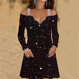 Casual Dresses Sexy Dress Sequin V Neck Long Sleeve Gothic Off Shoulder Bodycon Short For Women