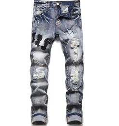 Men's Jeans cotton pants hole casual slim men fashion denim Hombre letter star man embroidery patchwork for trend brand skinny motorcycle European Jeans