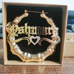 Hoop Huggie Custom Hoop Bamboo Names Earrings with Bling Heart Name Bamboo Earrings Personalised Letter Big Name Earrings Women Gift 230828