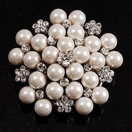 Rhodium Silver Plated Cream Imitation Pearl Cluster and Rhinestone Crystal Diamante Bridal Brooch Party Prom Pin