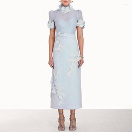 Work Dresses 2023 Autumn Embroidery Flower Lace Suits Women Stand Collar Button Long Shirt Skirt Lace-Up Puff Sleeve Party 2-Piece Set