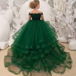 Girl Dresses Green Layered Fluffy Tulle Beaded Flower Dress Wedding Elegant Little Child's First Eucharistic Celebration