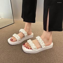 Slippers Straight Line Fairy Style Pearl Women Wear 2023 Casual Square Head Thick Sole Solid Colour Women's Shoes In Summer