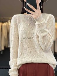 Women Spring Autumn Pullover Sweater Hollow Out 100% Merino Wool Solid V-neck Cashmere Knitwear Female Clothing Top HKD230829