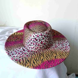 Stingy Brim Hats 9.5cm rose red leopard print fedora hat 2022 new wide brim bump hat men and women fashion unique style ladies fedora hat men J230829