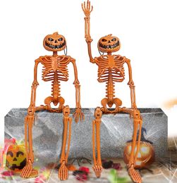 Decorative Objects Figurines 38CM Halloween Pumpkin Skeleton Decorations with Posable Joints Skeletons for Party Haunted House Props 230828