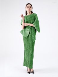 Work Dresses Miyake Pleated 2023 Summer Original Designer Aesthetic Belt Loose Dress Three Piece Sets Abaya Elegant Muslim Clothes In Stock
