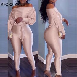 Women's Jumpsuits Rompers Women Elegant Off Shoulder Long Sleeves Solid Bodycon Skinny Leg with Belt Jumpsuit 230829