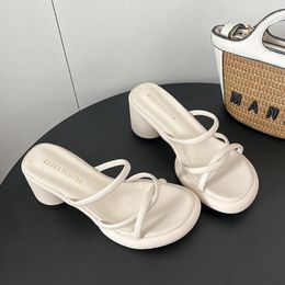 Slippers Coarse Heel Female 2023 Shoes Style Outside Wear Fashion One-line With High Heels Summer Women's Half Drag