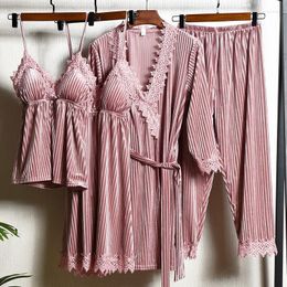 Women's Sleepwear Sexy Lace Trim Bathrobe Nightgown Velvet 4Pcs Pyjamas Set Loose Velour Home Wear Women Autumn Winter Loungewear