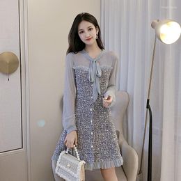 Casual Dresses Autumn Vintage Sexy See-through Chiffon Patchwork Tweed Mini Dress Women Ribbon Bow Single-breasted Long Sleeve Party