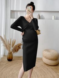 Dresses Maternity Sweater Dresses Knitted Drawstring Pregnancy Dress for Autumn Winter Casual Slim Pregnant Women Breast Feeding Clothes