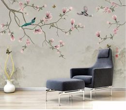 Wallpapers CJSIR Customised Living Room Sofa Background Wall 3d Wallpaper Hand-painted Magnolia Bird For Kids