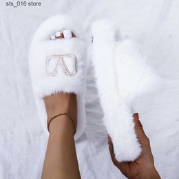 Fur Outdoor Slippers Woman Fashion Metal Platform Slipper Autumn Winter 2024 New Anti-slip Plush Size 42 43 Home Shoes T230829 470ca