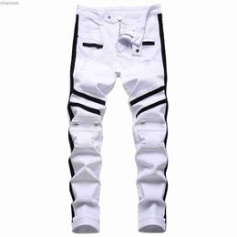 Punk Jeans Men Zipper Hip Hop Slim Fit White Bike Jeans Elastic Split Denim Pants Cotton Fashion Casual Jogging Male Clothing HKD230829