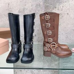 Designers Women Boots Tall High Platform Boots Y2k Style Brown Leather Biker Boot Round Toe Chunky Heel Martin Boots Belt Buckle Trim Shoes