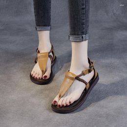 Sandals Spring And Summer Handsome British Leather Open Toe Handmade Buckle Flat Low Heel