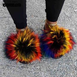 Raccoon Fur Flip Flop Flat Furry Fluffy Women Slides Outdoor Sandals Fuzzy Slippers Woman Amazing Shoes T230828 402