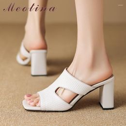 Slippers Meotina Women Genuine Leather Slides Square Toe Block High Heel Sandals Sheepskin Ladies Fashion Casual Summer Shoes
