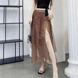 Skirts Summer Fashion Leopard Pattern Mesh Split Half Skirt Women'S High Waist A-Line Irregular Mid Length Dress Trend