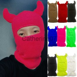 Stingy Brim Hats Demons Single Hole Full Face Cover Ski Mask Hats Women Men Devil'S Horn Halloween Windproof Knit Balaclava Winter Keep Warm Caps J230829