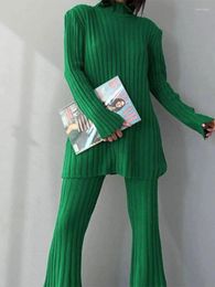 Women's Two Piece Pants 2023 Autumn Winter Green Knitted Pullovers Suit Female Sweater Solid Knit And Pad Top Fashion Casual Outwear Set