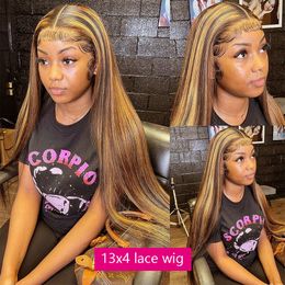 Highlight Straight Front 13x4 13x6 Hd Lace Frontal Wig Coloured Human Hair Honey Brazilian Wigs