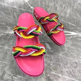 Sandals Multi Color Rope Braid Women Slippers Low Platform Round Toe Pink Leather Patchwork Summer Slip On Casual Shoes