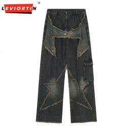 Mens Jeans Streetwear Star Design Washed Rough Edge Straight Pants Y2K Hip Hop Side Pockets Baggy Oversized Cargo Denim Trousers 230829