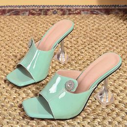 Slippers Fashion Crystal Buckle Green Women's Shoes Cosy Patent Leather Wide Band Strange Transparent Heels Slides Sandals