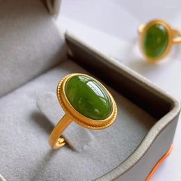 Cluster Rings Natural Green Hetian Jade A Gemstone Adjustable Ring Jewelry 925 Silver Women Men 10x8mm Oval Beads
