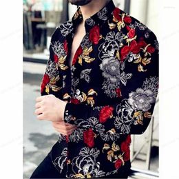 Men's Casual Shirts Long Sleeve Hawaiian Men Fashion Shirt Floral Blouses Cuba Beach Blouse Turn Over Collar Camisas Flower Button Up