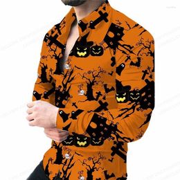 Men's Casual Shirts Hawaii Halloween 3d Print Men Fashion Shirt Long Sleeve Beach Blouse Pumpkin Lapel Clothing