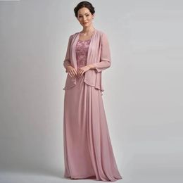 Mother's Dresses Formal Mother Of The Bride A Line Floor-Length Without Train New Custom Zipper Scoop Chiffon Applique Long Sleeve Two Pieces With Jacket 328 328