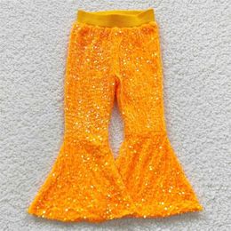 Trousers Wholesale Kid Glitter Clothing Baby Girl Toddler Real Sequins Soft Comfortable Children Lining Orange Bell Bottom Pants 230828