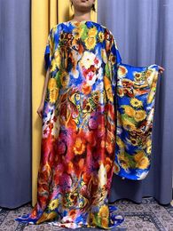 Ethnic Clothing Abayas For Women 2023 Summer Printed Oil Painting Pattern Soft Silk Fabrics Loose Femme Robe African Dresses With Turban
