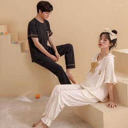 Women's Sleepwear Summer Cotton Short Sleeve Women Pajamas Couple Two Piece Set Nightwear Male Loose Casual Homewear