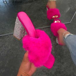 Slippers 2023 summer women new high-heeled rhinestone single layer plush plus size all-match sandals outdoor banquet fashion slippers T230828