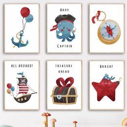 Canvas Painting Anchor Compass Treasure Pirate Ship Cartoon Octopus Captain Posters Prints Wall Art Nautical Adventure Pictures Boy Kids Bedroom Decor No Frame Wo6