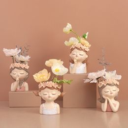 Planters Pots Female Head Flower Pot Cute Portrait Succulent Bonsai Planter Elegant Cacti Fern Girls Vase Sculpture Home Decorative Ornament 230829