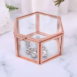 Boxes Hexagon Transparent Rose Gold Glass Ring Box Wedding Ring Box Geometric Clear Glass Jewellery Box Organiser TabletopHolder