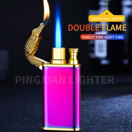 2022 New Dragon Tiger Double Fire Lighter Blue Flame Metal Crocodile Butane Jet Turbo Open Conversion HJQM