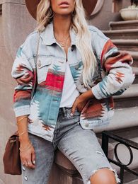 Women's Jackets Harajuku Vintage Womens Denim Jacket Geometric Print Autumn WInter Jeans Coat Female Slim Fashion Outerwear 230829