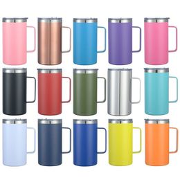 24oz Coffee Cup Mugs Double Wall Stainless Steel Vacuum Insulated Ice Beer Cups Camping Travel Tumbler Cups With Handle & Closed Spill Proof Lids