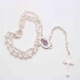 Pendant Necklaces Cartoon Angel White Beads Jesus Cross Necklace Ladies Men Catholic Christian Rosary Jewellery Gift Random