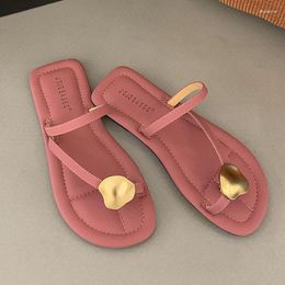 Slippers Summer Narrow Band Women Slipper Fashion Metal Decoration Low Heel Slip On Ladies Elegant Slides Casual Outdoor Beach Flip Flop